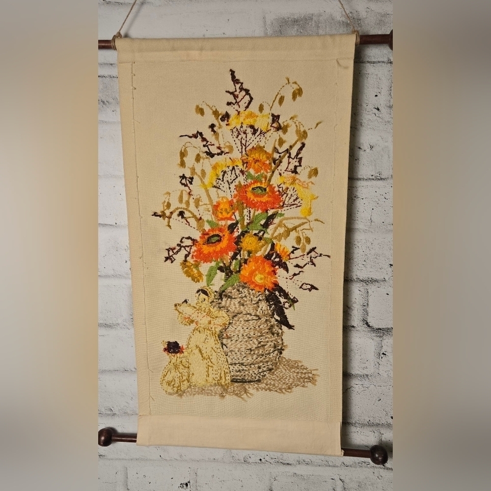 Vintage Embroidered Floral Wall Hanging – Warm Autumn Bouquet Tapestry - Picture 5 of 5